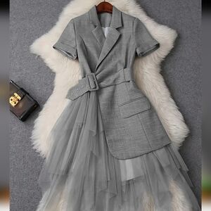 Elegant Gray Women's Blazer Dress with Belt